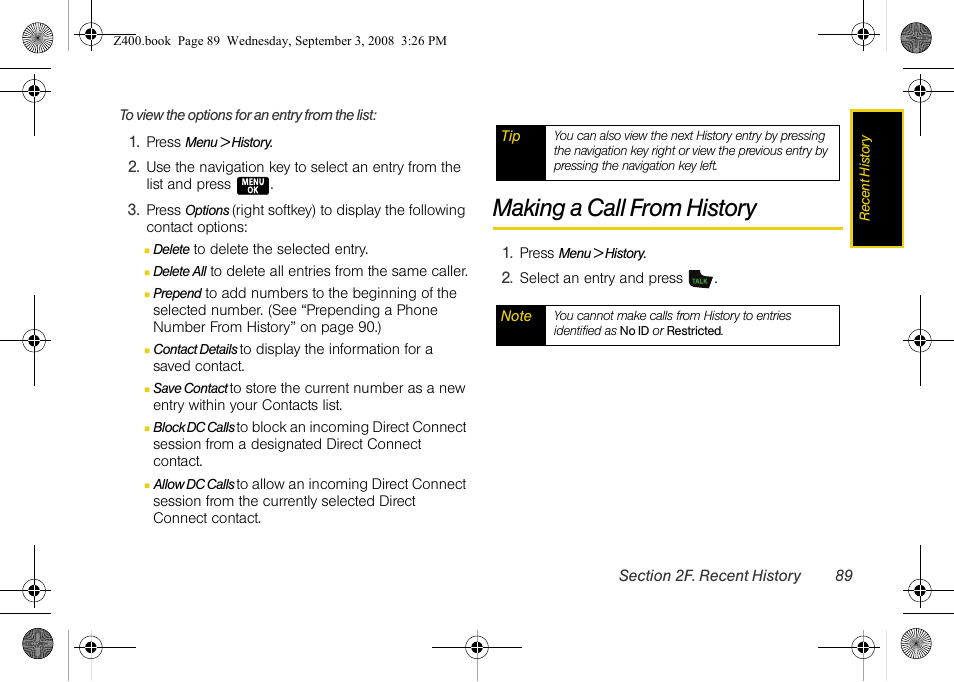 Making a call from history | Samsung SPH-Z400DAASPR User Manual | Page 105 / 214