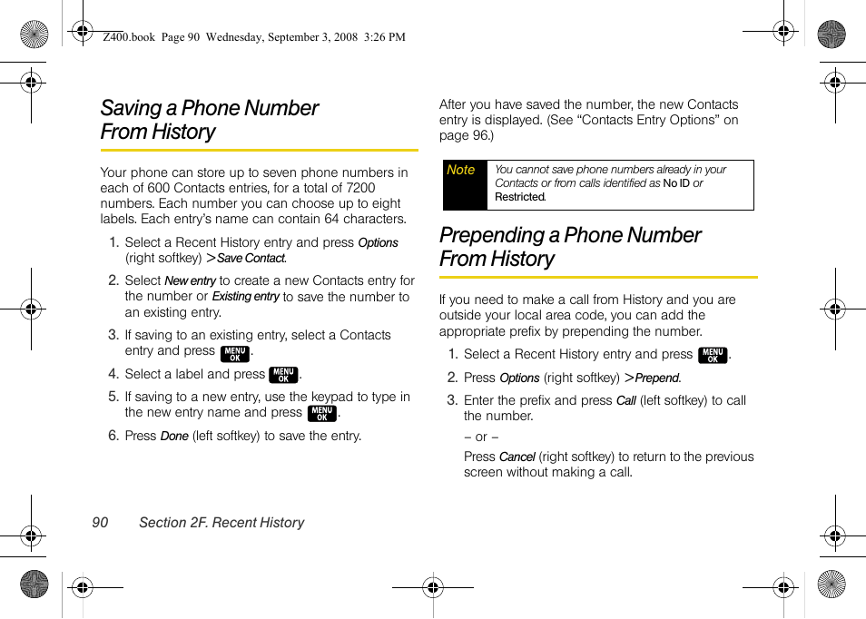 Saving a phone number from history, Prepending a phone number from history, Saving a phone number | Prepending a phone number | Samsung SPH-Z400DAASPR User Manual | Page 106 / 214