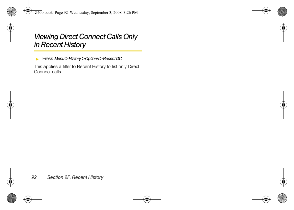 Viewing direct connect calls only in, Recent history | Samsung SPH-Z400DAASPR User Manual | Page 108 / 214