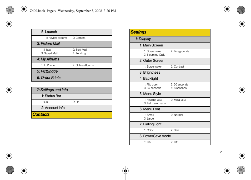 Contacts settings | Samsung SPH-Z400DAASPR User Manual | Page 11 / 214
