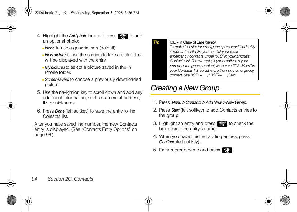 Creating a new group | Samsung SPH-Z400DAASPR User Manual | Page 110 / 214