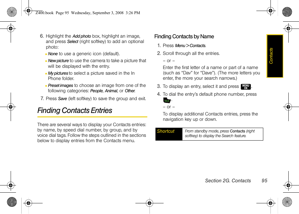 Finding contacts entries | Samsung SPH-Z400DAASPR User Manual | Page 111 / 214