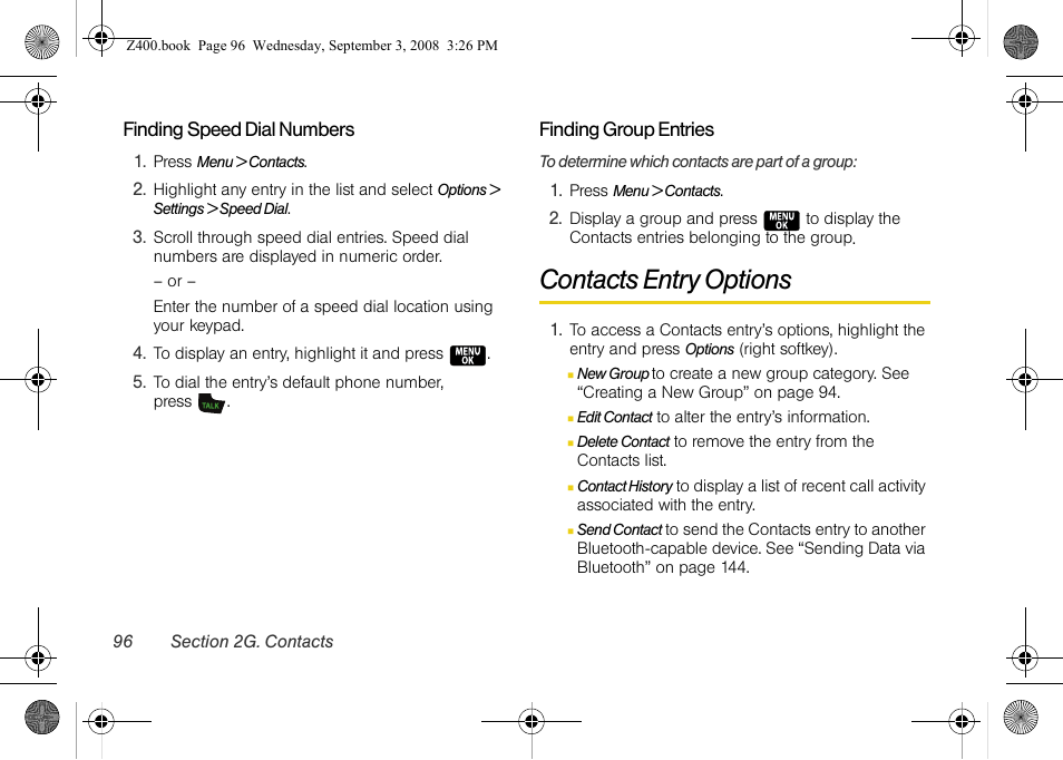 Contacts entry options | Samsung SPH-Z400DAASPR User Manual | Page 112 / 214