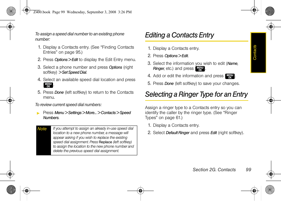 Editing a contacts entry, Selecting a ringer type for an entry | Samsung SPH-Z400DAASPR User Manual | Page 115 / 214