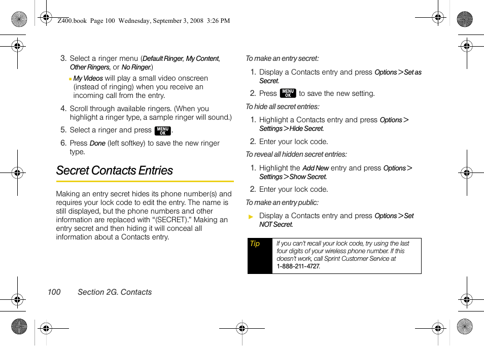 Secret contacts entries | Samsung SPH-Z400DAASPR User Manual | Page 116 / 214