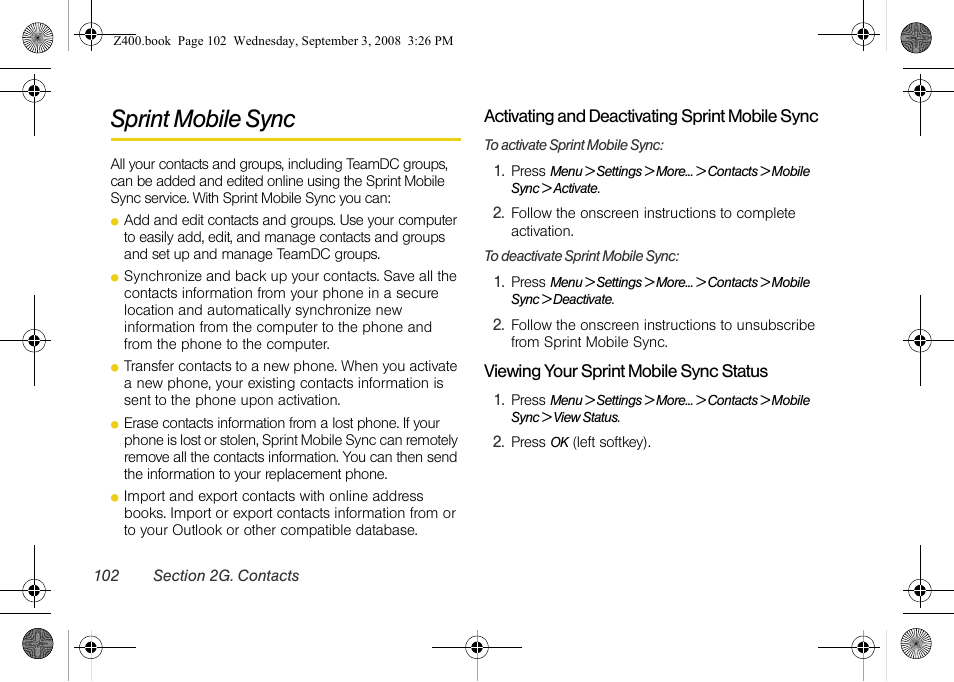 Sprint mobile sync | Samsung SPH-Z400DAASPR User Manual | Page 118 / 214