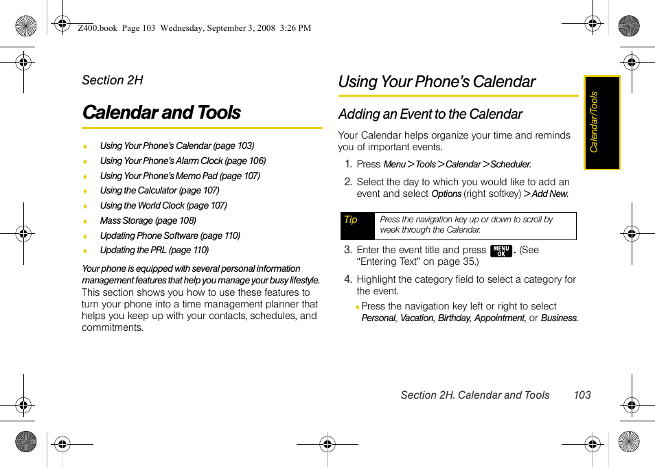Calendar and tools, Using your phone’s calendar, Adding an event to the calendar | 2h. calendar and tools | Samsung SPH-Z400DAASPR User Manual | Page 120 / 214