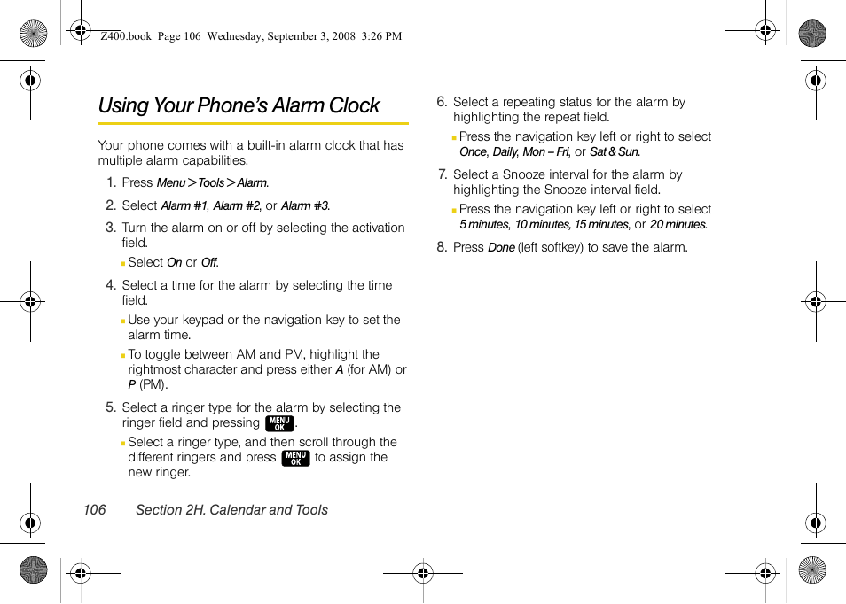 Using your phone’s alarm clock | Samsung SPH-Z400DAASPR User Manual | Page 123 / 214