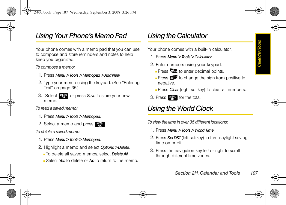 Using your phone’s memo pad, Using the calculator, Using the world clock | Samsung SPH-Z400DAASPR User Manual | Page 124 / 214
