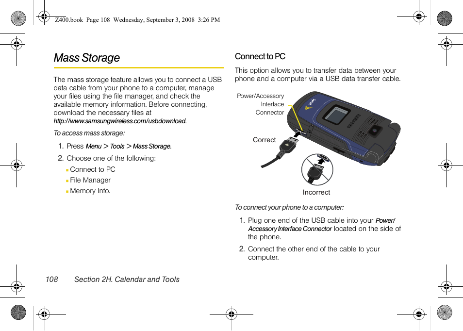 Mass storage | Samsung SPH-Z400DAASPR User Manual | Page 125 / 214