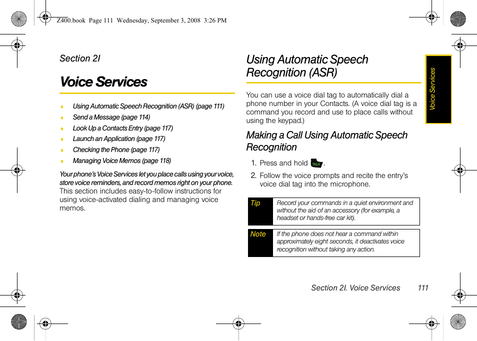 Voice services, Using automatic speech recognition (asr), Making a call using automatic speech recognition | Using automatic speech recognition (asr) . 111 | Samsung SPH-Z400DAASPR User Manual | Page 128 / 214