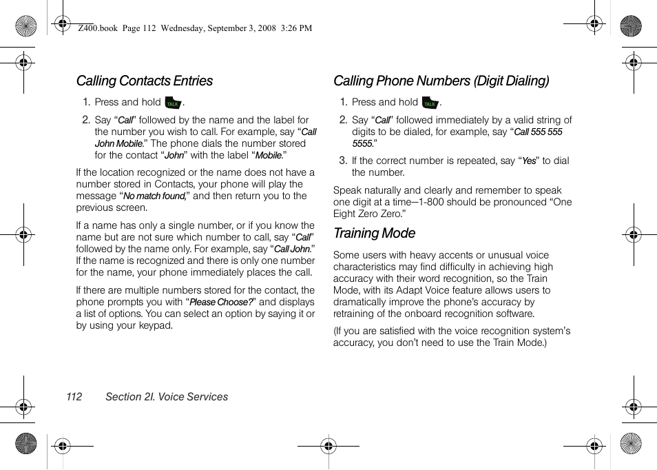 Calling contacts entries, Calling phone numbers (digit dialing), Training mode | Samsung SPH-Z400DAASPR User Manual | Page 129 / 214