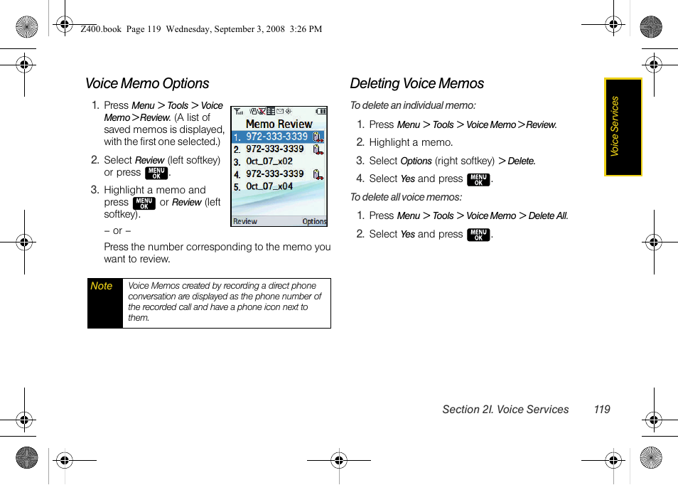 Voice memo options, Deleting voice memos | Samsung SPH-Z400DAASPR User Manual | Page 136 / 214