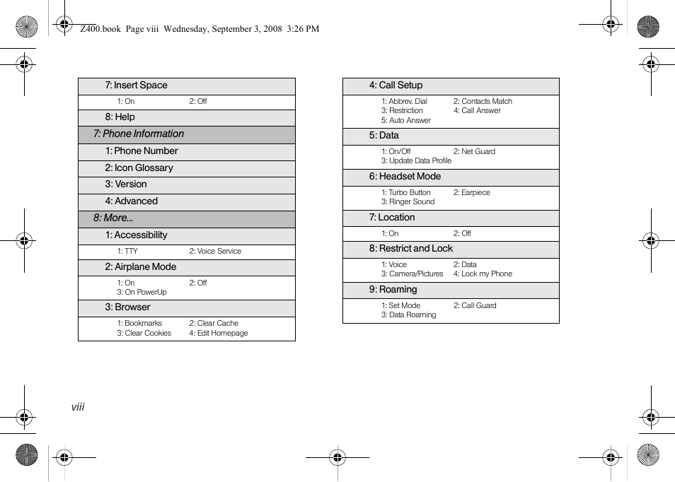 Viii | Samsung SPH-Z400DAASPR User Manual | Page 14 / 214