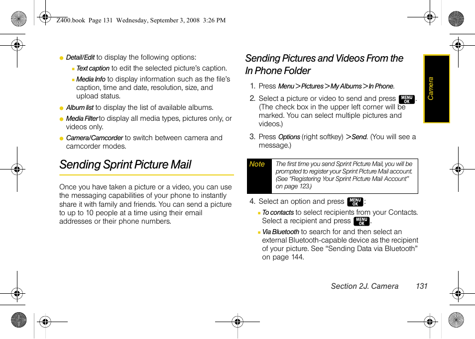 Sending sprint picture mail, Sending pictures and videos from the | Samsung SPH-Z400DAASPR User Manual | Page 148 / 214