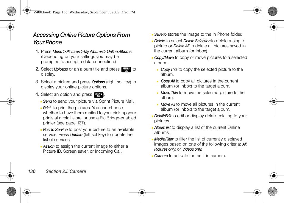 Accessing online picture options from your phone | Samsung SPH-Z400DAASPR User Manual | Page 153 / 214