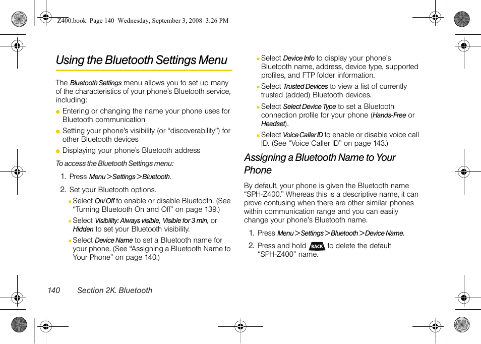 Using the bluetooth settings menu, Assigning a bluetooth name to your phone | Samsung SPH-Z400DAASPR User Manual | Page 157 / 214