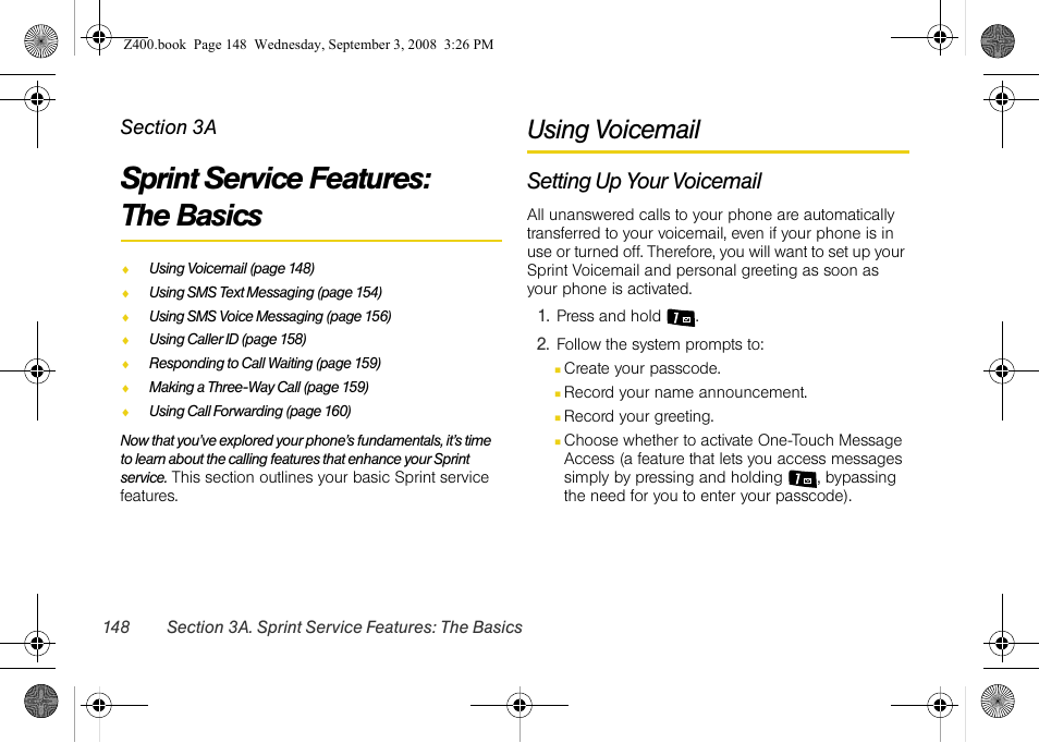 Sprint service features: the basics, Using voicemail, Setting up your voicemail | 3a. sprint service features: the basics, Sprint service features, The basics | Samsung SPH-Z400DAASPR User Manual | Page 165 / 214