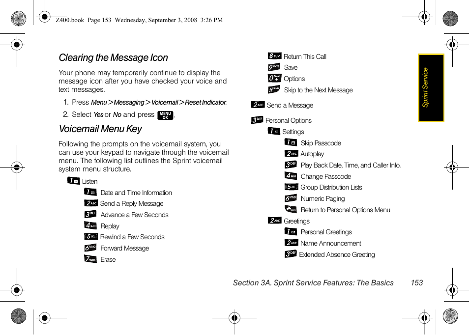 Clearing the message icon, Voicemail menu key | Samsung SPH-Z400DAASPR User Manual | Page 170 / 214