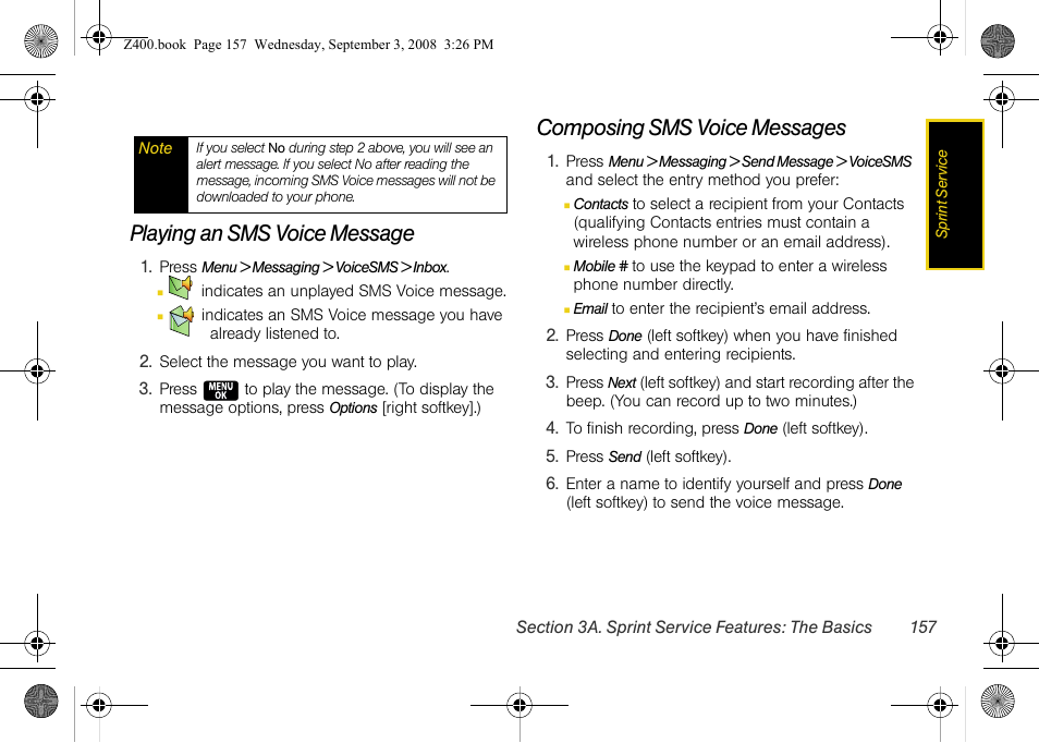 Playing an sms voice message, Composing sms voice messages | Samsung SPH-Z400DAASPR User Manual | Page 174 / 214