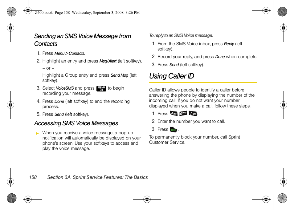 Sending an sms voice message from contacts, Accessing sms voice messages, Using caller id | Samsung SPH-Z400DAASPR User Manual | Page 175 / 214
