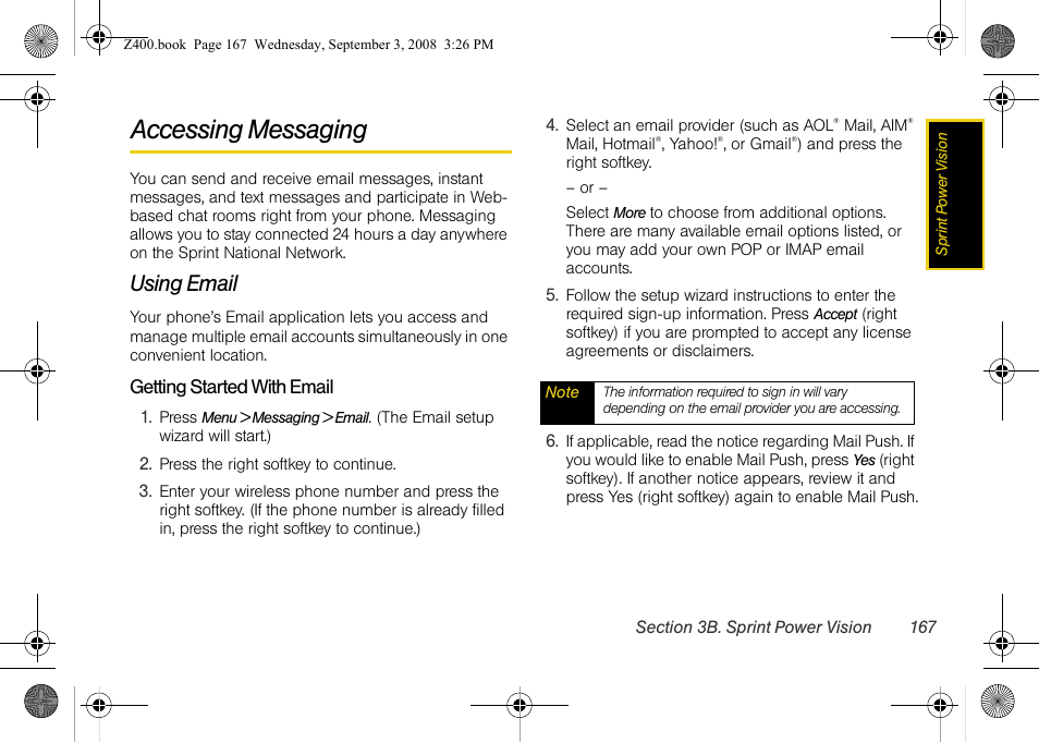 Accessing messaging, Using email | Samsung SPH-Z400DAASPR User Manual | Page 184 / 214