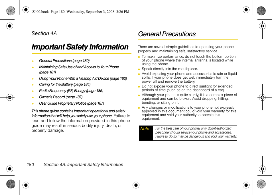 Important safety information, General precautions, 4a. important safety information | Samsung SPH-Z400DAASPR User Manual | Page 197 / 214