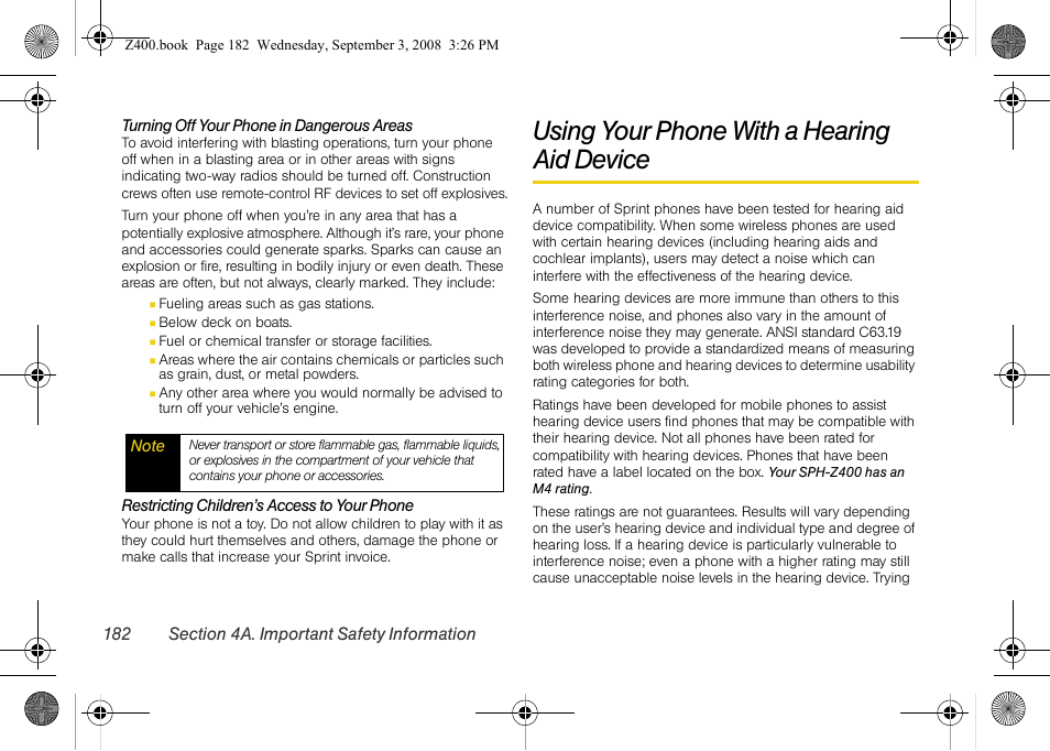 Using your phone with a hearing aid device, Using your phone with a hearing, Aid device | Samsung SPH-Z400DAASPR User Manual | Page 199 / 214