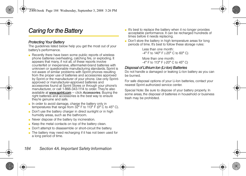 Caring for the battery | Samsung SPH-Z400DAASPR User Manual | Page 201 / 214