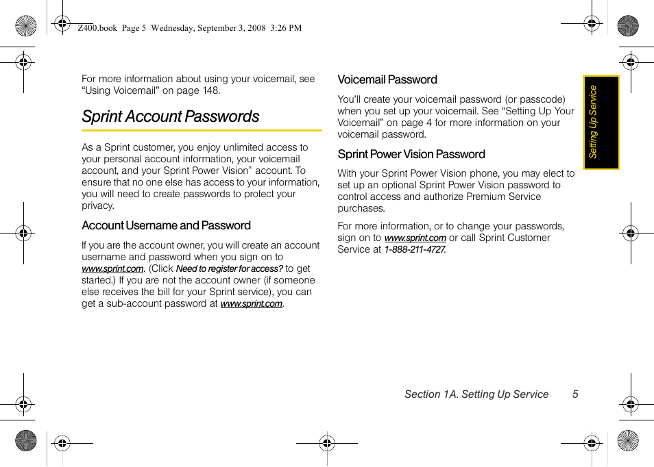 Sprint account passwords | Samsung SPH-Z400DAASPR User Manual | Page 21 / 214