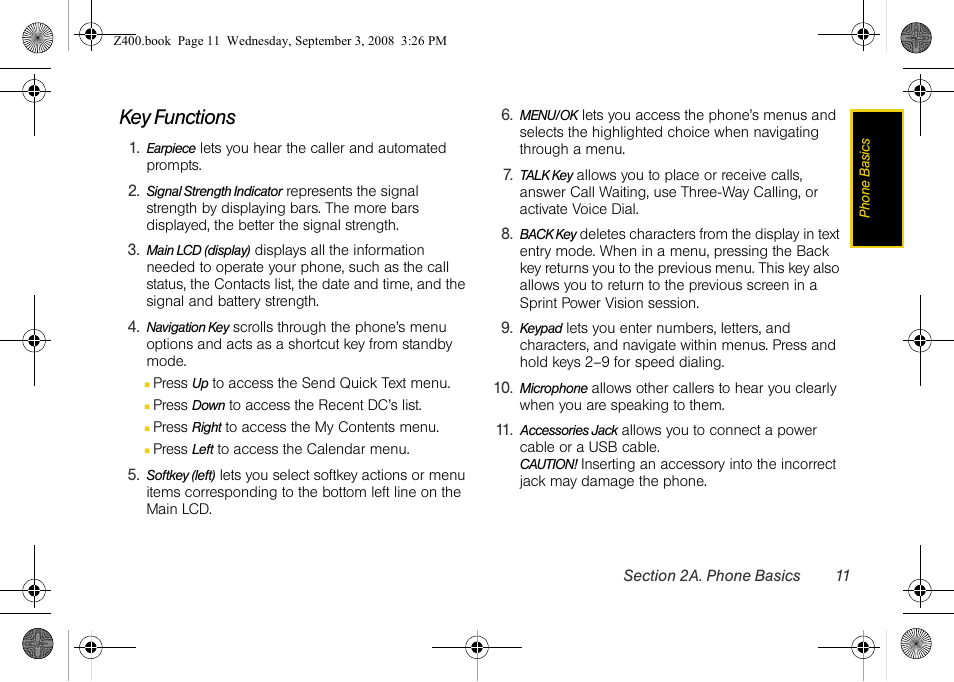 Key functions | Samsung SPH-Z400DAASPR User Manual | Page 27 / 214