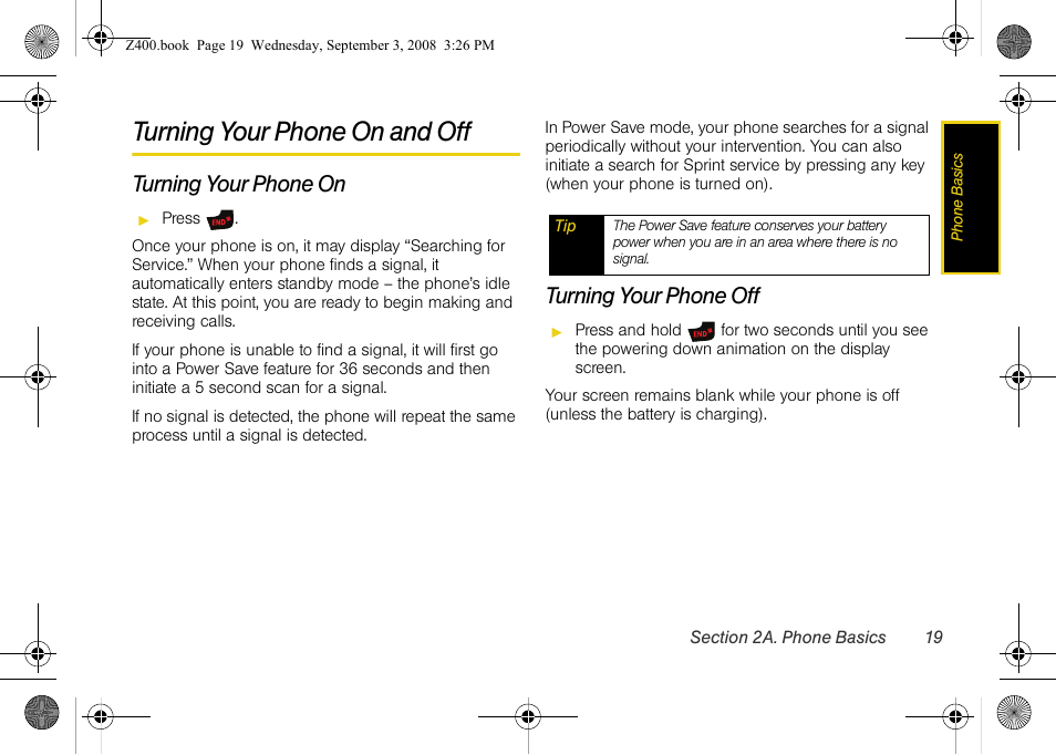 Turning your phone on and off, Turning your phone on, Turning your phone off | Samsung SPH-Z400DAASPR User Manual | Page 35 / 214