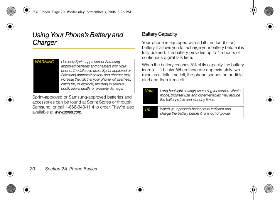 Using your phone’s battery and charger | Samsung SPH-Z400DAASPR User Manual | Page 36 / 214