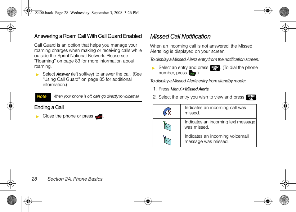 Missed call notification | Samsung SPH-Z400DAASPR User Manual | Page 44 / 214
