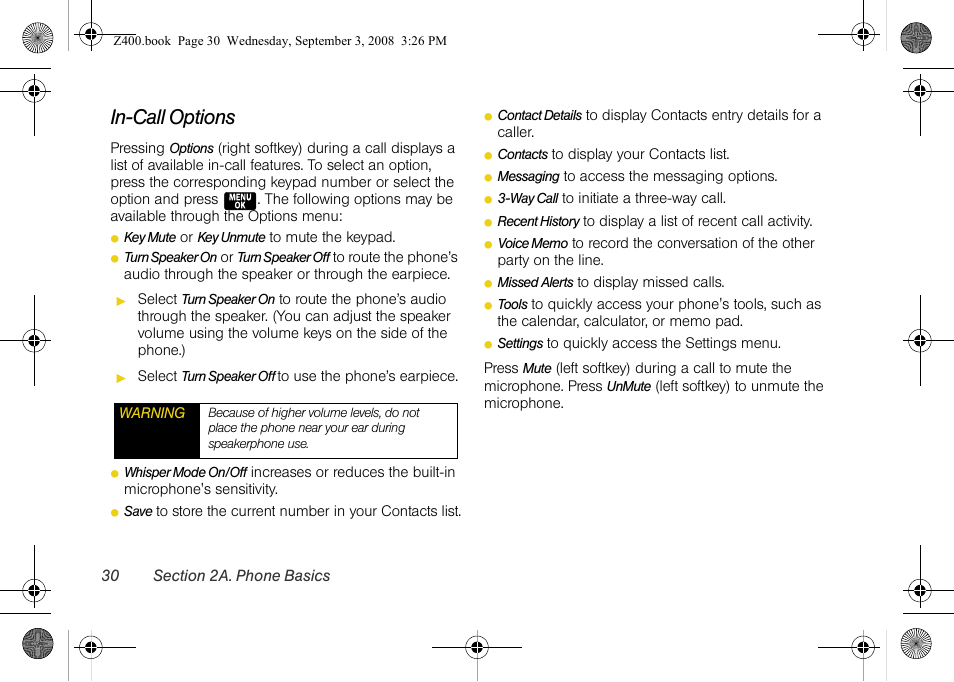 In-call options | Samsung SPH-Z400DAASPR User Manual | Page 46 / 214
