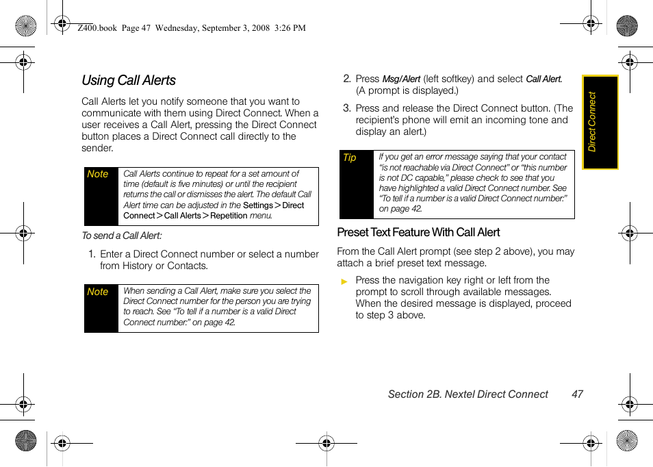 Using call alerts | Samsung SPH-Z400DAASPR User Manual | Page 63 / 214