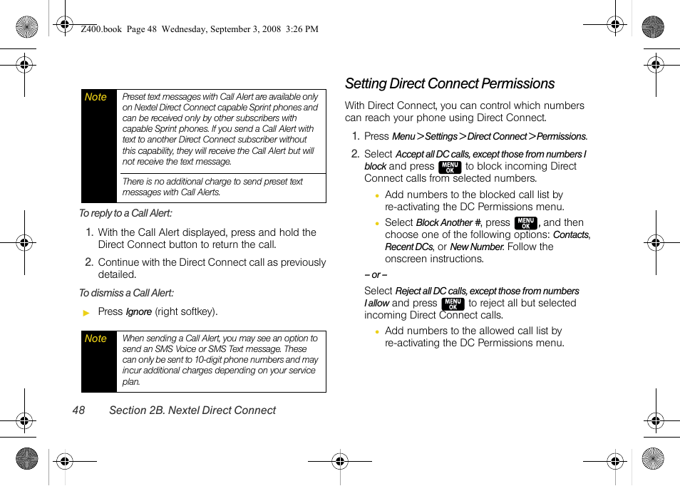 Setting direct connect permissions | Samsung SPH-Z400DAASPR User Manual | Page 64 / 214