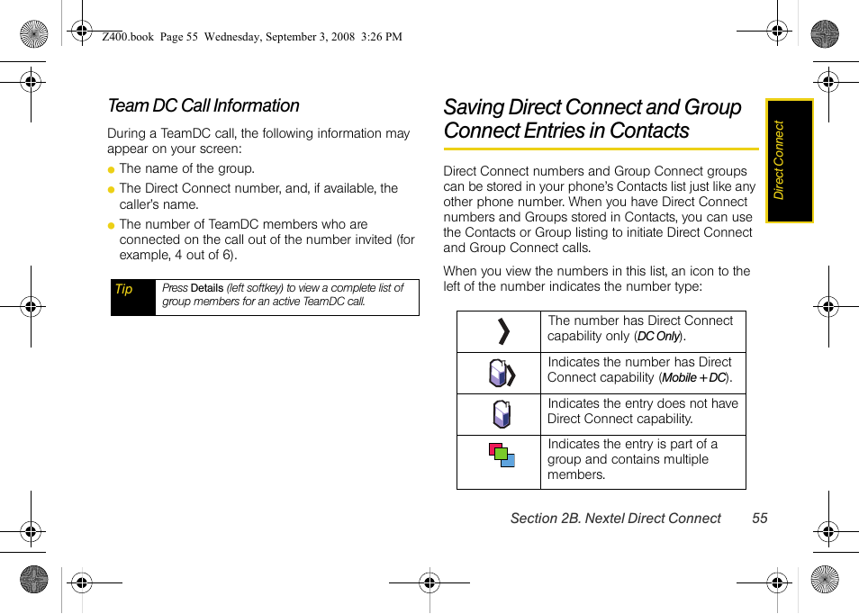 Team dc call information, Saving direct connect and group connect, Entries in contacts | Samsung SPH-Z400DAASPR User Manual | Page 71 / 214