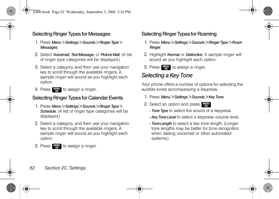 Selecting a key tone | Samsung SPH-Z400DAASPR User Manual | Page 78 / 214