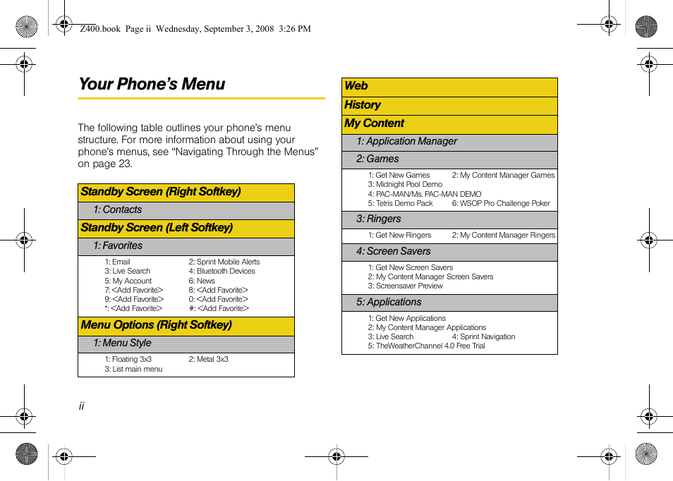 Your phone’s menu, Standby screen (right softkey), Standby screen (left softkey) | Menu options (right softkey), Web history my content | Samsung SPH-Z400DAASPR User Manual | Page 8 / 214