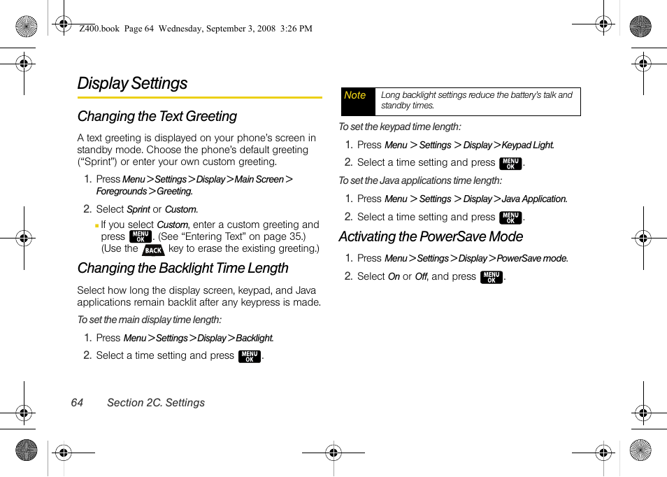 Display settings, Changing the text greeting, Changing the backlight time length | Activating the powersave mode | Samsung SPH-Z400DAASPR User Manual | Page 80 / 214