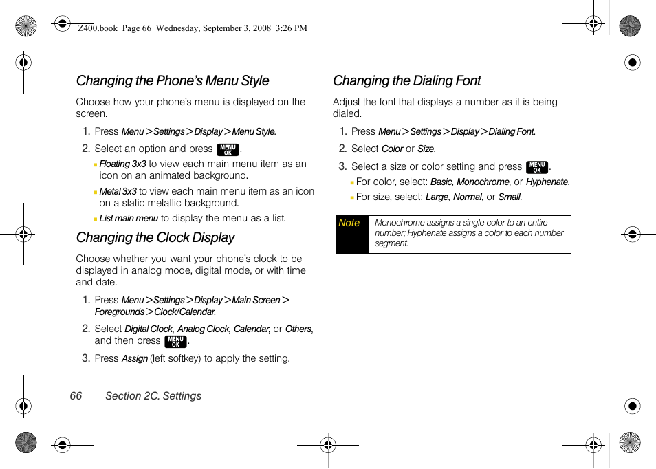 Changing the phone’s menu style, Changing the clock display, Changing the dialing font | Samsung SPH-Z400DAASPR User Manual | Page 82 / 214