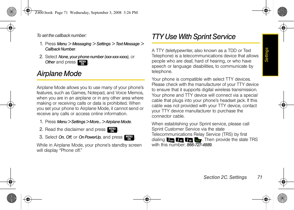 Airplane mode, Tty use with sprint service | Samsung SPH-Z400DAASPR User Manual | Page 87 / 214