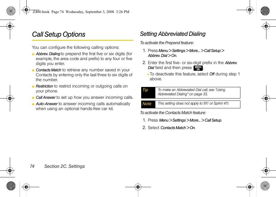 Call setup options, Setting abbreviated dialing | Samsung SPH-Z400DAASPR User Manual | Page 90 / 214