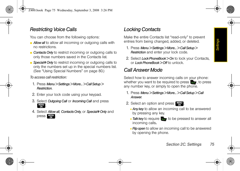 Restricting voice calls, Locking contacts, Call answer mode | Samsung SPH-Z400DAASPR User Manual | Page 91 / 214