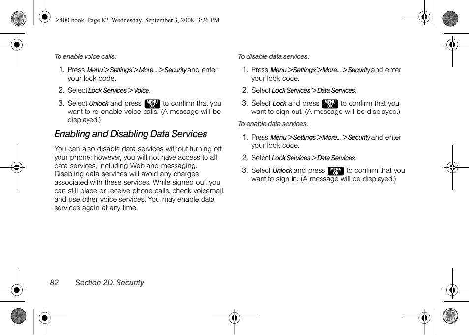 Enabling and disabling data services | Samsung SPH-Z400DAASPR User Manual | Page 98 / 214
