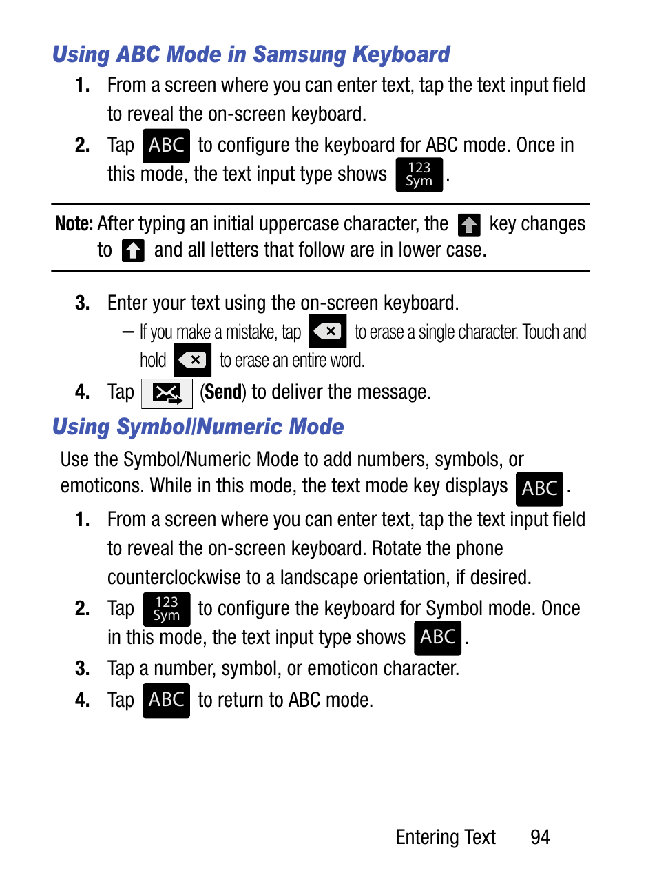 Using abc mode in samsung keyboard, Using symbol/numeric mode | Samsung SM-S890LZKATFN User Manual | Page 101 / 459