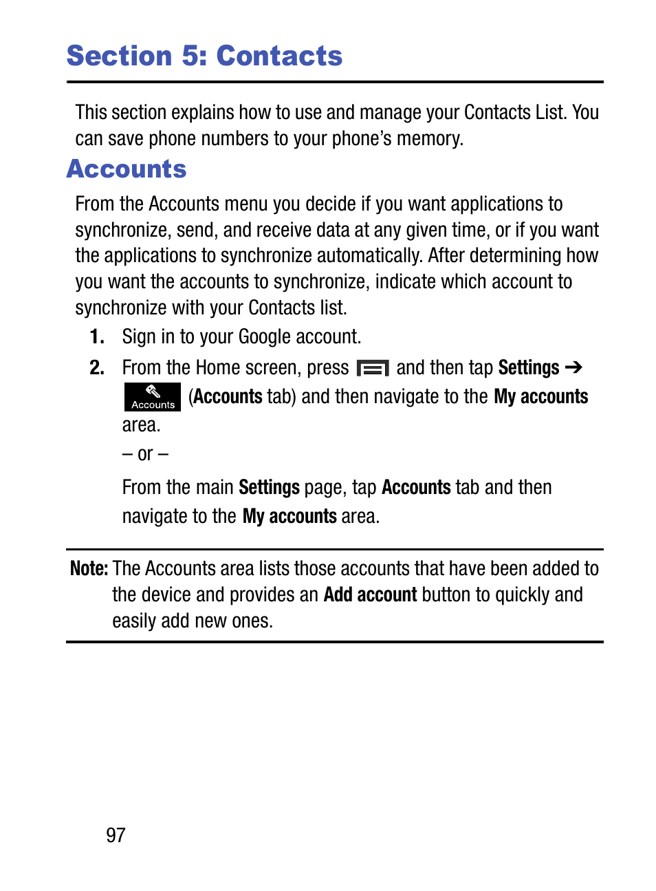 Section 5: contacts, Accounts | Samsung SM-S890LZKATFN User Manual | Page 104 / 459