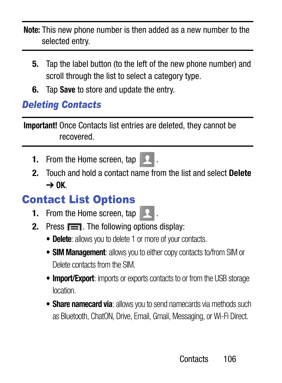 Contact list options, Deleting contacts | Samsung SM-S890LZKATFN User Manual | Page 113 / 459