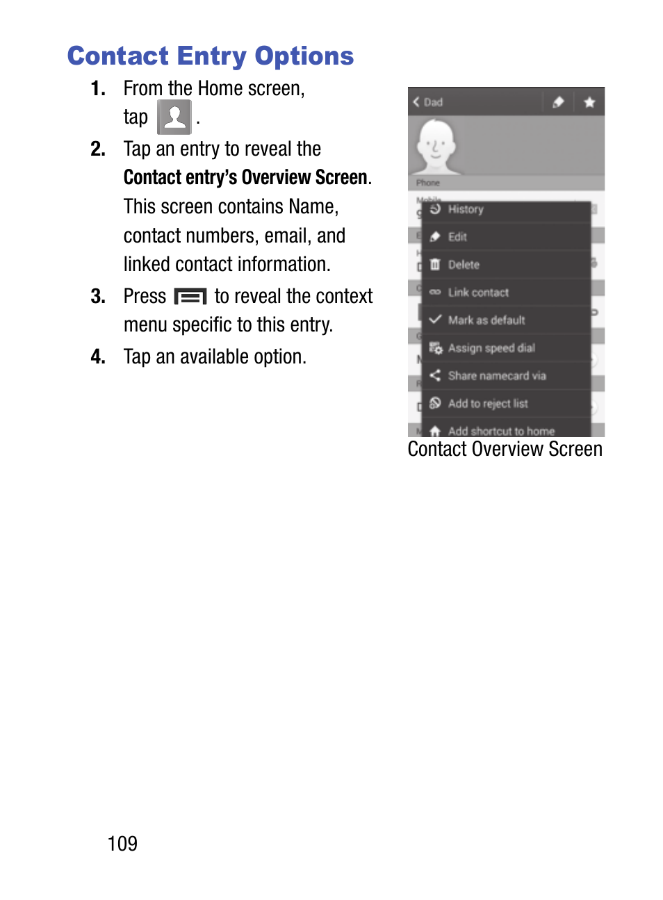 Contact entry options | Samsung SM-S890LZKATFN User Manual | Page 116 / 459